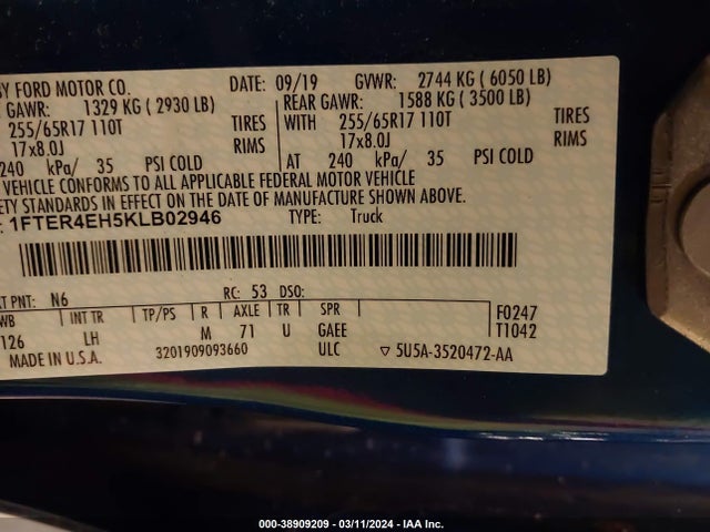 Ford Ranger Xlt 2019 1FTER4EH5KLB02946 Image 9