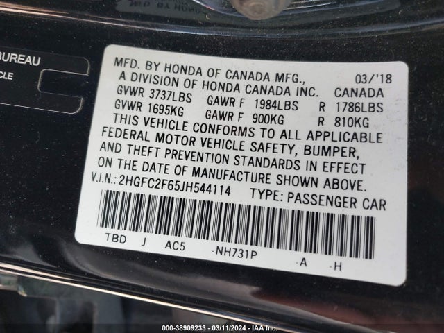 Honda Civic Lx 2018 2HGFC2F65JH544114 Image 9