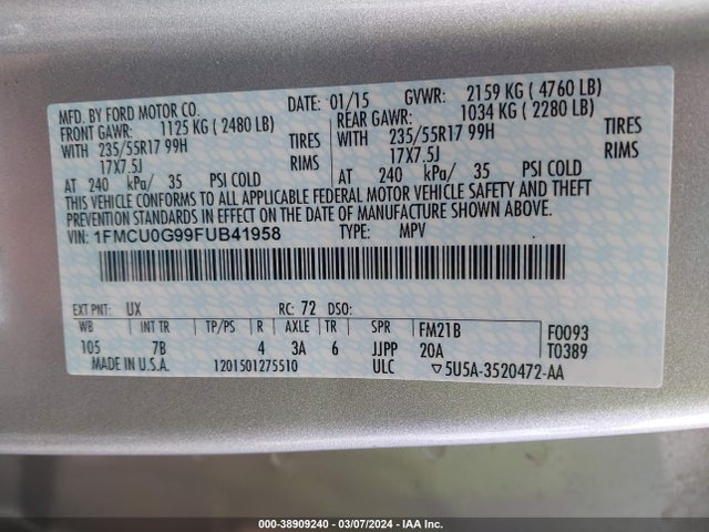 Ford ESCAPE SE 2015 1FMCU0G99FUB41958 Image 9