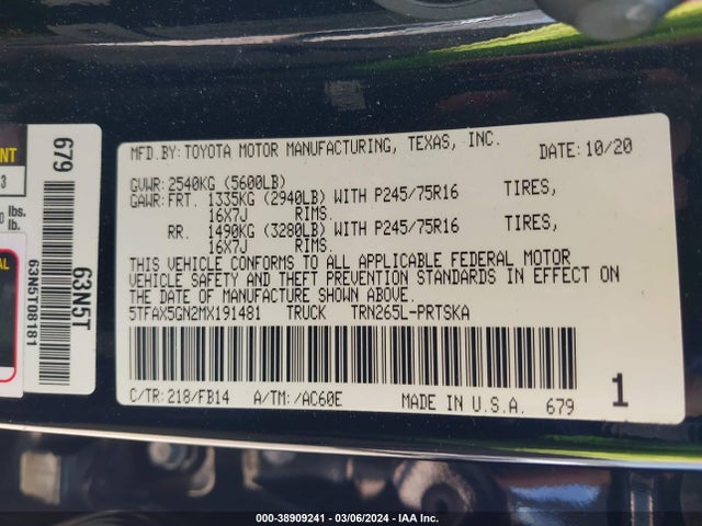 Toyota Tacoma Sr 2021 5TFAX5GN2MX191481 Image 9