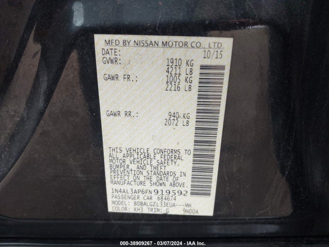 Nissan Altima 2.5 S 2015 1N4AL3AP6FN919592 Image 9