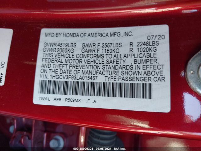 1HGCV3F93LA015467 Honda Accord Hybrid Touring