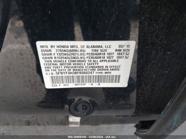5FNYF4H38FB066247 Honda PILOT SE