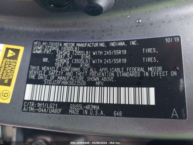 5TDJZRFH6KS623506 Toyota Highlander Se