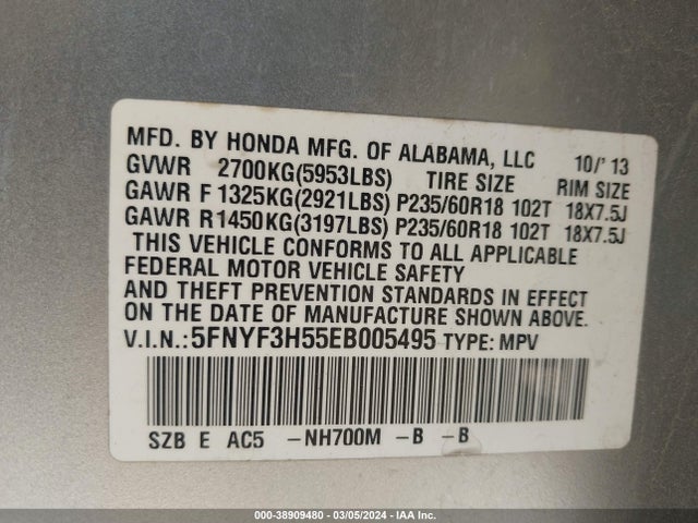 Honda Pilot Ex-l 2014 5FNYF3H55EB005495 Image 9
