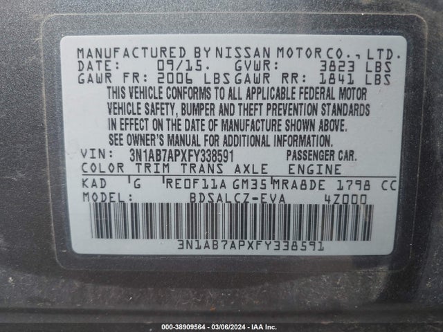 Nissan SENTRA S 2015 3N1AB7APXFY338591 Image 9
