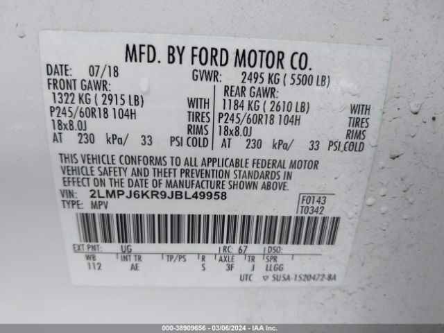 2LMPJ6KR9JBL49958 Lincoln Mkx Select