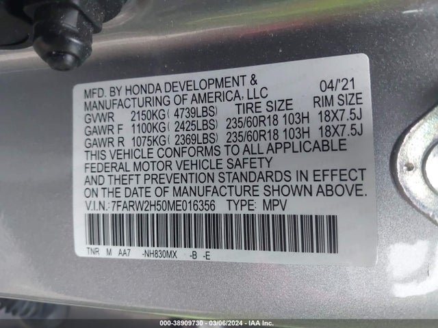 Honda Cr-v Awd Ex 2021 7FARW2H50ME016356 Image 9