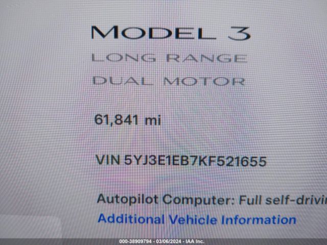 5YJ3E1EB7KF521655 Tesla Model 3 Long Range/performance