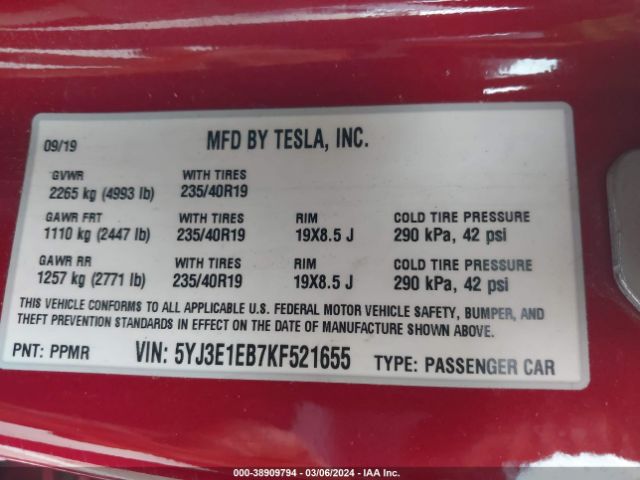 5YJ3E1EB7KF521655 Tesla Model 3 Long Range/performance