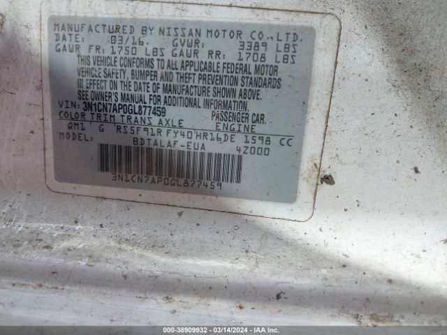 3N1CN7AP0GL877459 Nissan Versa 1.6 S