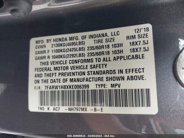 Honda Cr-v Ex-l 2019 7FARW1H8XKE006399 Image 9
