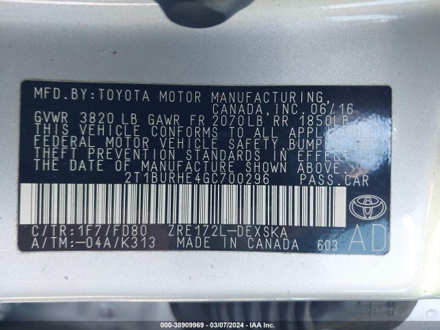 Toyota Corolla S Plus 2016 2T1BURHE4GC700296 Image 9