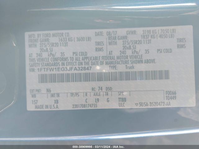 1FTFW1EG3JFA32847 Ford F-150 Xlt