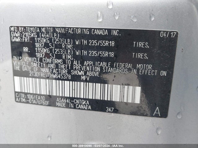 Toyota Rav4 Limited 2017 2T3DFREV6HW645378 Image 9
