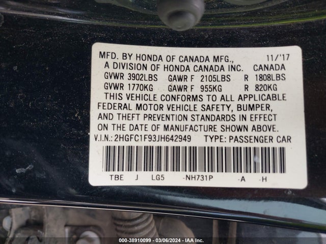 Honda Civic Touring 2018 2HGFC1F93JH642949 Image 9