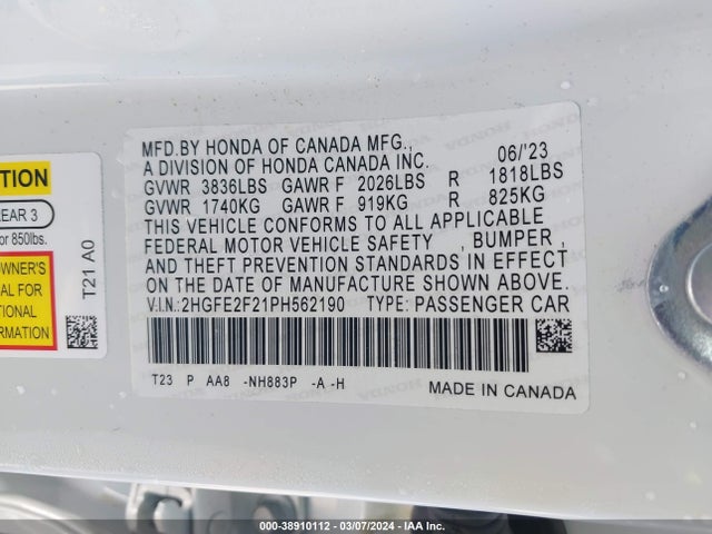 Honda Civic Lx 2023 2HGFE2F21PH562190 Image 9
