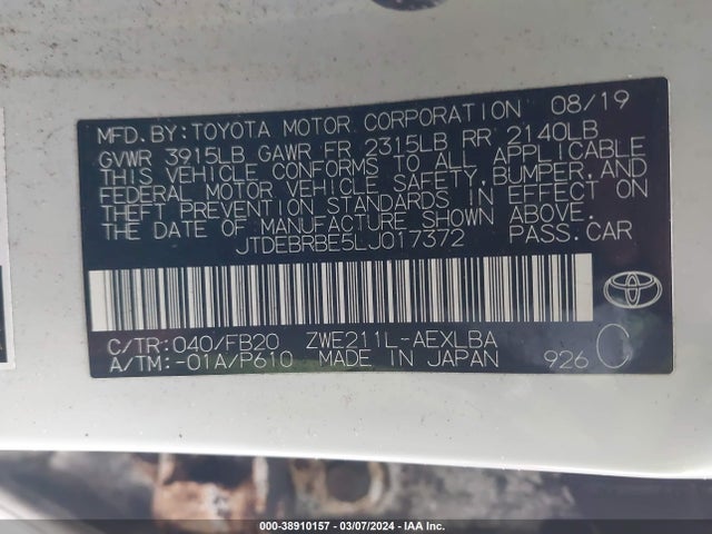 Toyota Corolla Hybrid Le 2020 JTDEBRBE5LJ017372 Image 9