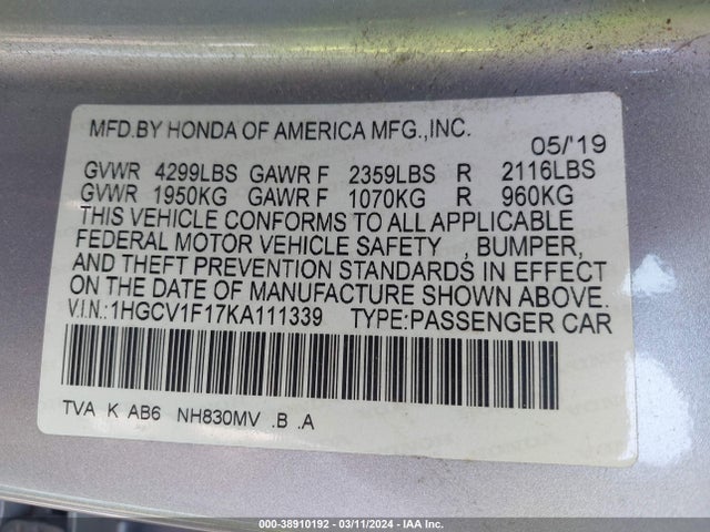 Honda ACCORD LX 2019 1HGCV1F17KA111339 Image 9