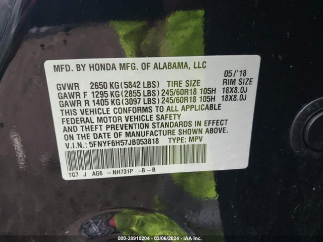 5FNYF6H57JB053818 Honda Pilot Ex-l