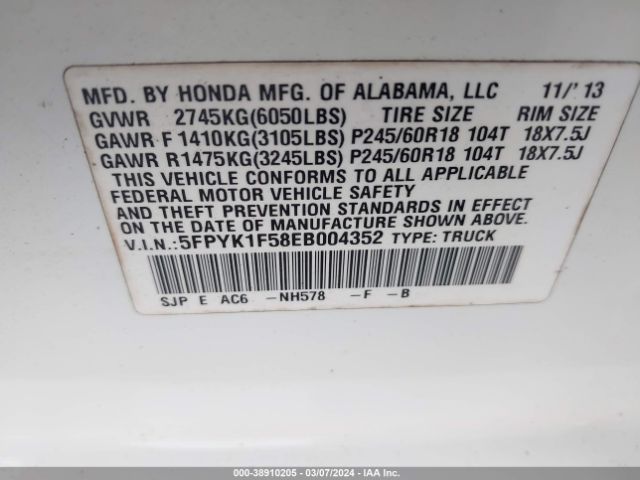5FPYK1F58EB004352 Honda Ridgeline Rtl