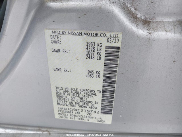 Nissan Altima 2.5 Sr 2019 1N4BL4CV0KC219742 Image 9