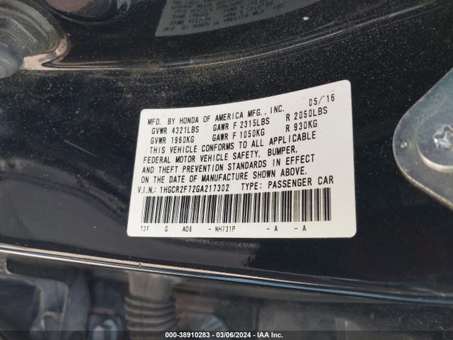 Honda ACCORD EX 2016 1HGCR2F72GA217302 Image 9