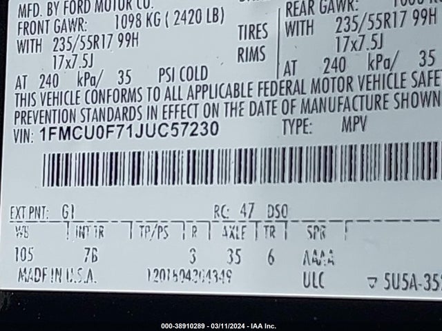 Ford ESCAPE S 2018 1FMCU0F71JUC57230 Image 9