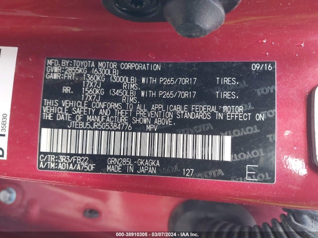 Toyota 4RUNNER SR5 2016 JTEBU5JR5G5384776 Image 9