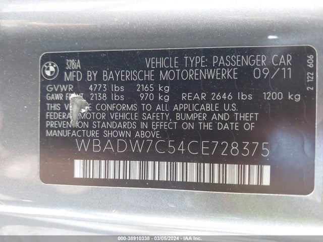 2012 Bmw 328i მანქანა იყიდება აუქციონზე, vin: WBADW7C54CE728375, აუქციონის ნომერი: 38910338