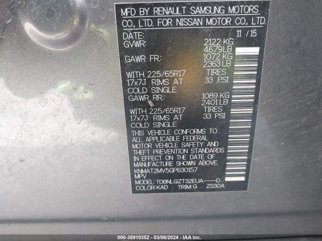 Nissan ROGUE SV 2016 KNMAT2MV5GP630157 Image 9