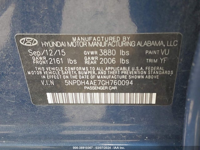 Hyundai dohc mpi nu 2016 5NPDH4AE7GH760094 Image 9