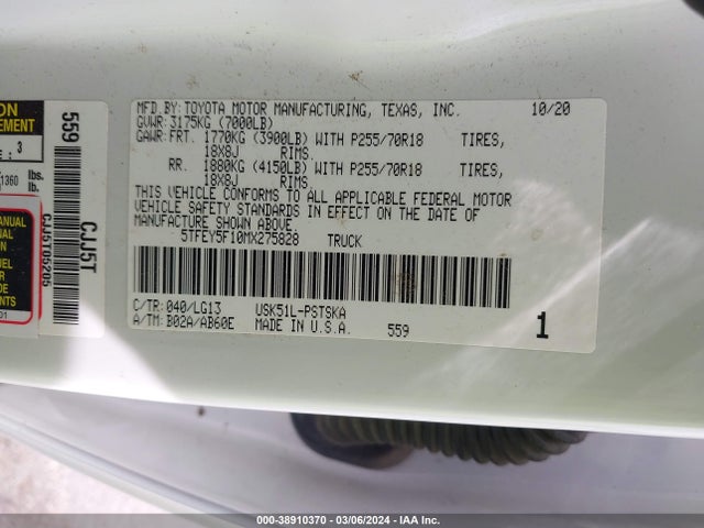 Toyota Tundra Sr5 2021 5TFEY5F10MX275828 Image 9