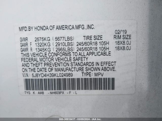 5J8YD4H39KL024989 Acura Mdx Standard