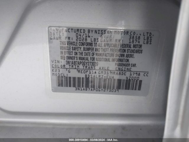 3N1AB7AP0GY273039 Nissan SENTRA SR