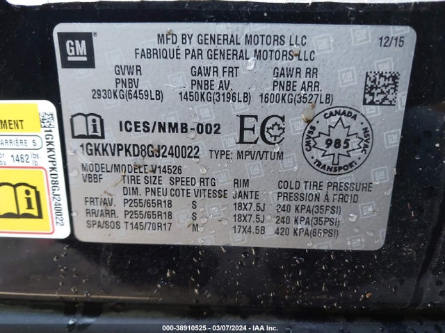 GMC Acadia Sle-2 2016 1GKKVPKD8GJ240022 Image 9