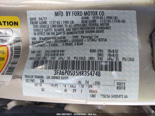 Ford Fusion Energi Platinum 2017 3FA6P0SU5HR354748 Image 9