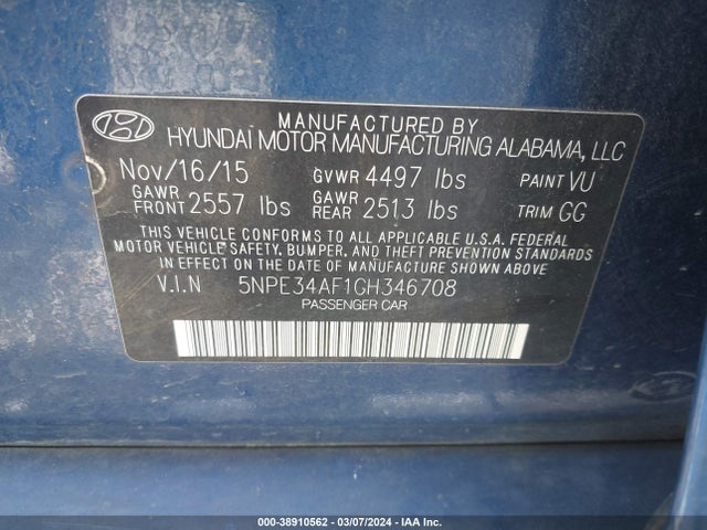Hyundai Sonata Limited 2016 5NPE34AF1GH346708 Image 9