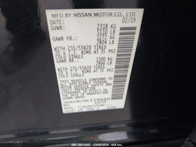 Nissan MURANO SL 2019 5N1AZ2MJ7KN119660 Image 9