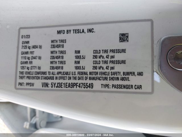 5YJ3E1EA9PF475549 Tesla Model 3 Rear-wheel Drive
