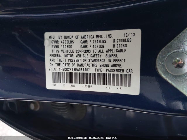 Honda ACCORD LX 2014 1HGCR2F38EA061907 Image 9