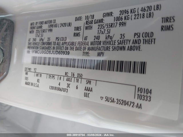 Ford ESCAPE SE 2018 1FMCU0GD8JUD60939 Image 9