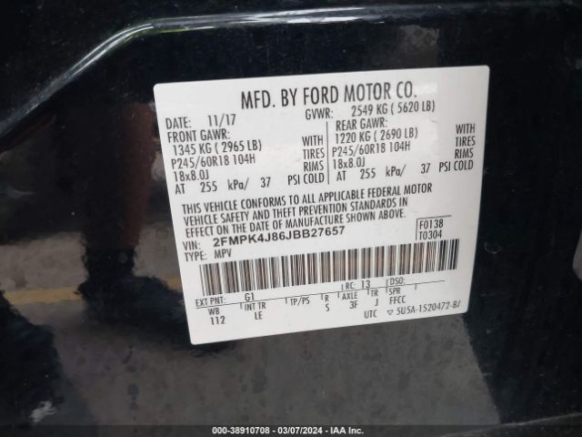 2FMPK4J86JBB27657 Ford EDGE SEL