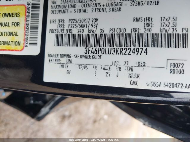 3FA6P0LU3KR224974 Ford Fusion Hybrid Se