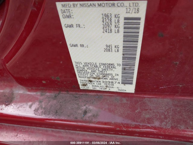Nissan Altima 2.5 Sv 2019 1N4BL4DV3KN309874 Image 9