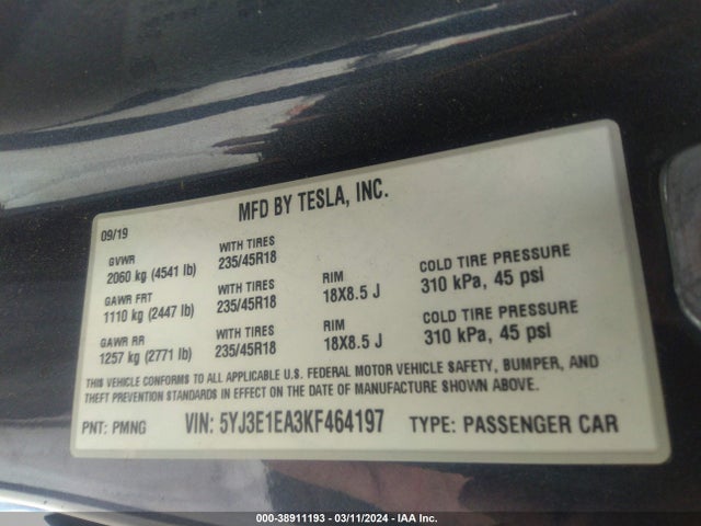 Tesla Model 3 Long Range/mid Range/standard Range/standard Range Plus 2019 5YJ3E1EA3KF464197 Image 9