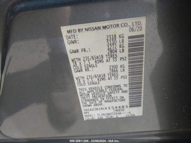 5N1AZ2BJ4LN154483 Nissan Murano Sv Fwd
