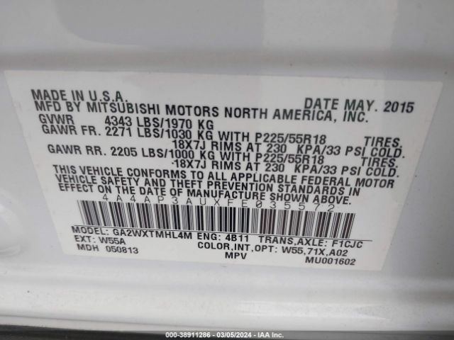 4A4AP3AUXFE035572 Mitsubishi Outlander Sport Es