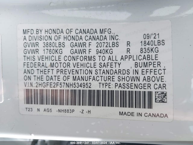 Honda Civic Sport 2022 2HGFE2F57NH534952 Image 9