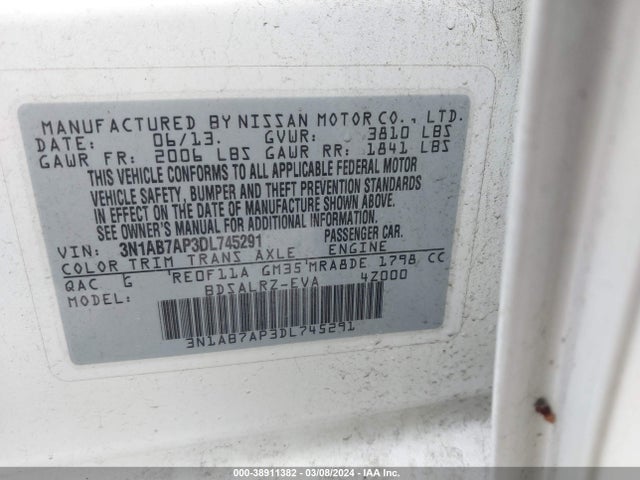 38911382 :رقم المزاد ، 3N1AB7AP3DL745291 vin ، 2013 Nissan Sentra Sr مزاد بيع
